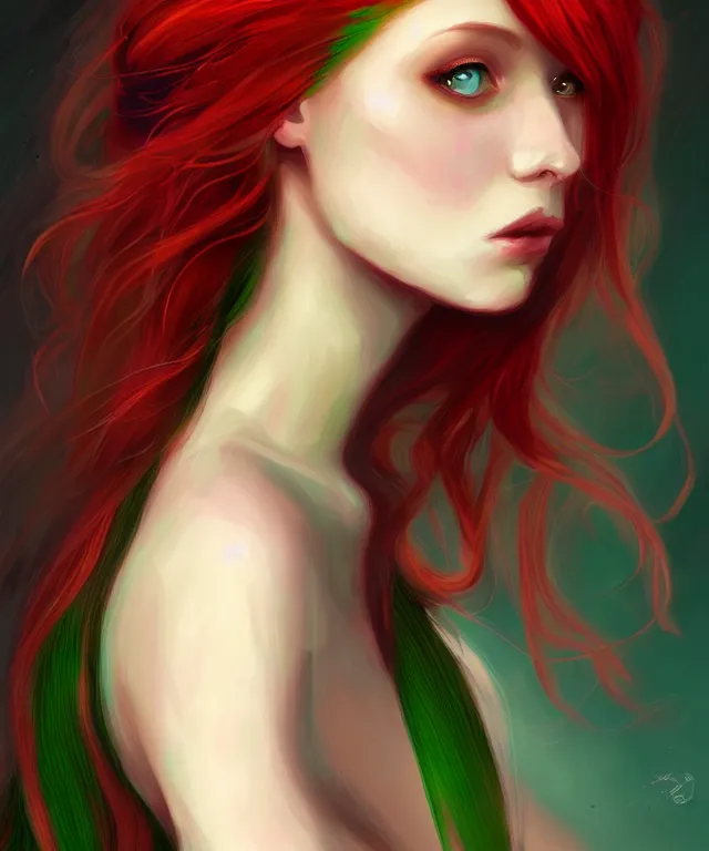 Image similar to Fae teenage girl, portrait, face, long red hair, green highlights, fantasy, intricate, elegant, highly detailed, digital painting, concept art, sharp focus