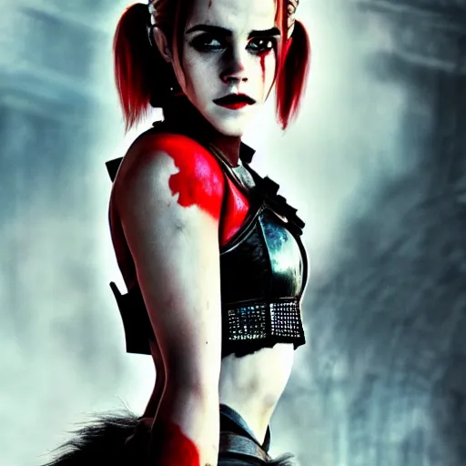 Prompt: A badass and beautiful photo of emma watson as Harley Quinn by nuri iyem, james gurney, james jean, greg rutkowski, anato finnstark. hyper detailed, 50mm, award winning photography.