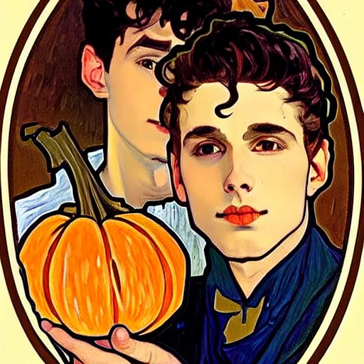 Image similar to painting of handsome young delicate beautiful jeffrey in his 2 0 s with brown hair and gorgeous rina together at the jack o'lantern halloween party holding pumpkins, elegant, clear, painting, stylized, art, art by alphonse mucha, vincent van gogh, egon schiele,