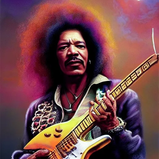 Image similar to UHD movie still of Morgan Freeman as Jimmy Hendrix, by Antonio Caparo and Ferdinand Knab and Greg Rutkowski, UHD, photorealistic, trending on artstation, trending on deviantart