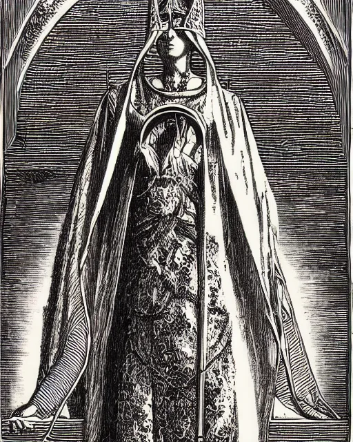 Prompt: a print of the high priestess thoth tarot card by gustave dore, engraving, 4 k detail, trending on artstation