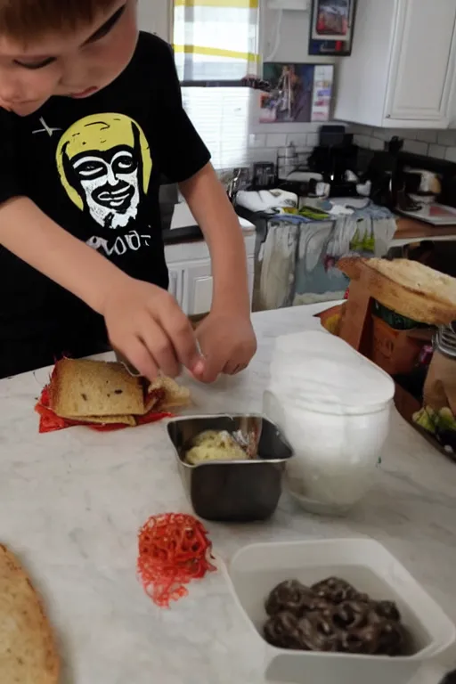 Prompt: a schoolboy in a Guy Fawkes mask v for vendetta makes sandwiches on the kitchen table