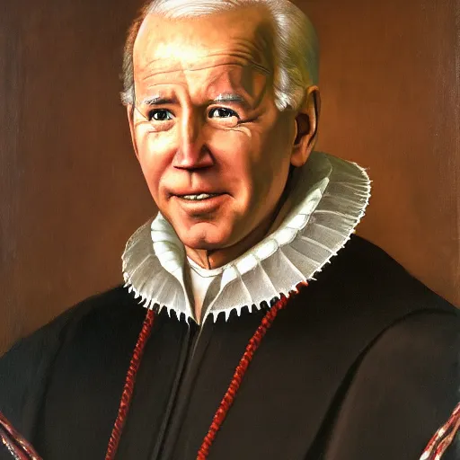 Prompt: Renaissance oil portrait of Joe Biden as a scholar, high-quality realistic oil painting with detailed strokes, Joe Biden as a robed Renaissance scholar