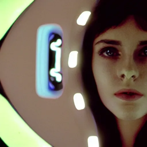 Image similar to photo of young woman, close up, with a cyberpunk camera over right eye with led lights, robotic implants over face, small led lights, white background, from the movie 2001 A Space Odyssey