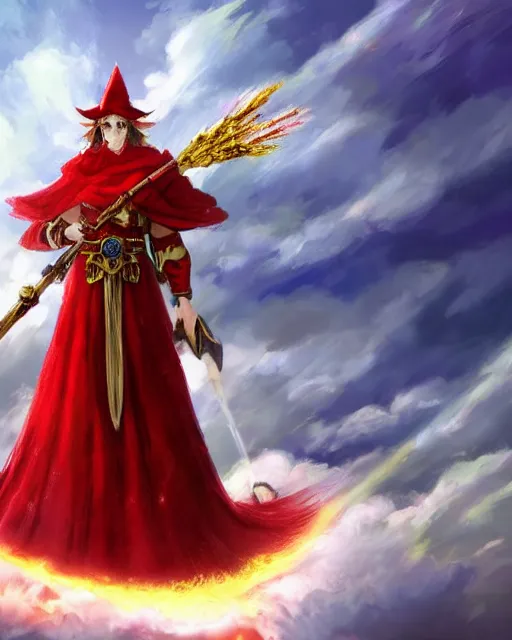 Prompt: A Full View of a Red Mage wearing red white and gold striped magical shining armor and a feathered hat holding a staff of power with a gemstone topper surrounded by an epic cloudscape. Magus. Red Wizard. Magimaster. Conquistador armor. Red and white striped cape. masterpiece. 4k digital illustration. by Ruan Jia and Mandy Jurgens and Artgerm and greg rutkowski and and Andreas Rocha and William-Adolphe Bouguereau and Edmund Blair Leighton, award winning, Artstation, art nouveau aesthetic, Alphonse Mucha background, intricate details, realistic, panoramic view, Hyperdetailed, 8k resolution, intricate art nouveau