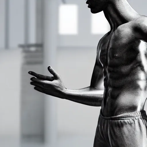 Image similar to a realistic detailed photo of a guy who is an attractive humanoid who is half robot and half humanoid, who is a male android, attractive and handsome soccer players, shiny skin, posing like a statue, blank stare, in a factory, on display, showing off his muscles, wearing soccer shorts, side view, looking at each other mindlessly