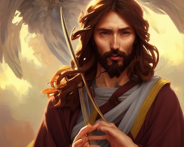 Image similar to photography of jesus christ shooting anime characters, deep focus, d & d, fantasy, intricate, elegant, highly detailed, digital painting, artstation, concept art, matte, sharp focus, illustration, hearthstone, art by artgerm and greg rutkowski and alphonse mucha