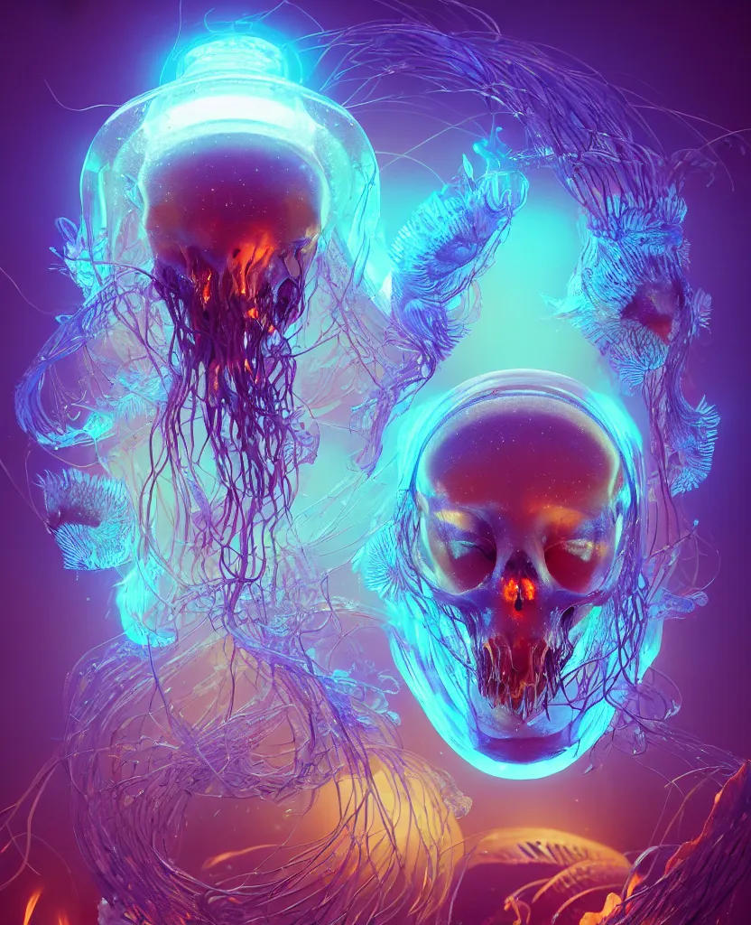 Prompt: goddess unearth creature masked portrait. jellyfish phoenix head, nautilus, butterfly, skull, ice and fire, bioluminiscent creatures, intricate artwork by Tooth Wu and wlop and beeple. octane render, trending on artstation, greg rutkowski very coherent symmetrical artwork. cinematic, hyper realism, high detail, octane render, 8k