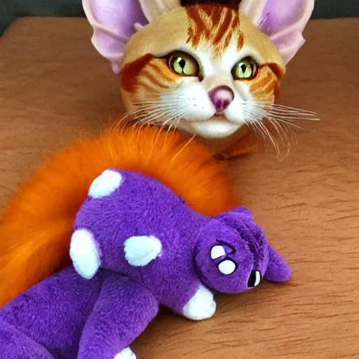 Image similar to tiny adorable purple ffantasy dragon cuddles an orange tabby cat, realistic, orange tabby cuddles purple dragon, award-winning photography