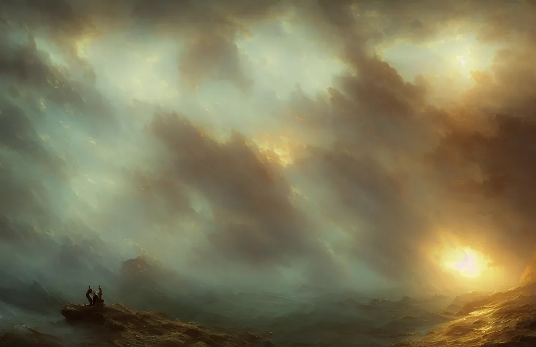 Image similar to ivan aivazovsky peter mohrbacher john singer sargent, ruan jia, dancing angels in phantastic landscape, hyperreal phantastic, intricate details in environment, meeting point, luminance, golden ratio, high aestehtic, cinematic light, dramatic light, godrays, distance, photobash, wideangle, bierstadt, hyperreal 4 k