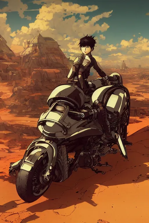 Image similar to akira riding a futuristic motorcycle on an abandonment planet, high intricate details, rule of thirds, golden ratio, cinematic light, 8 k, octane render, anime style, graphic novel by fiona staples and dustin nguyen, art by beaststars and orange, peter elson, alan bean, studio ghibli, makoto shinkai