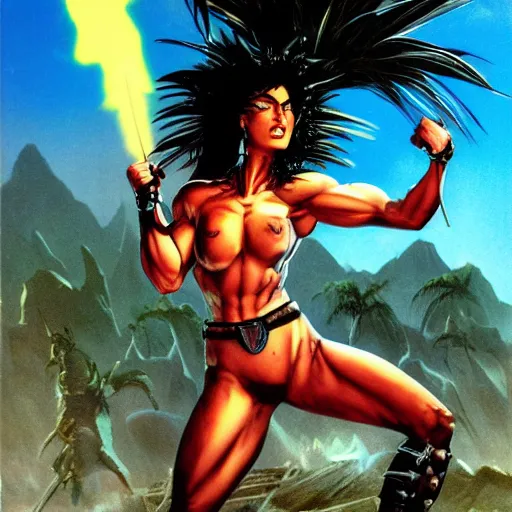 Prompt: Muscular ultraviolent woman, wild spiky black hair, electrified hair, chrome armor, black spandex, holding jagged scimitar, palm trees, red sky, destroyed mountains, chrome military base, 1987 video game boxart, drawn by Frank Frazetta, pulp art, hyper-detailed