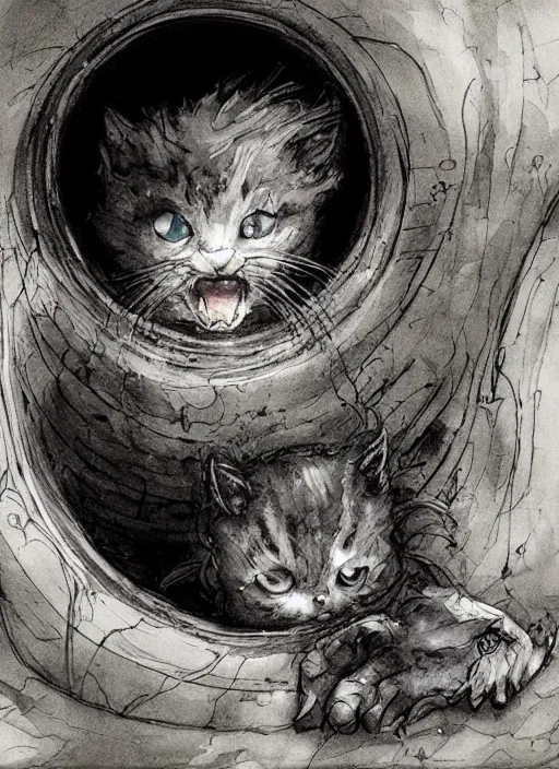 Image similar to portrait, depressed scruffy kitten wanders a scary sewer, watercolor, dramatic lighting, cinematic, establishing shot, extremely high detail, foto realistic, cinematic lighting, pen and ink, intricate line drawings, by Yoshitaka Amano, Ruan Jia, Kentaro Miura, Artgerm, post processed, concept art, artstation, matte painting, style by eddie mendoza, raphael lacoste, alex ross