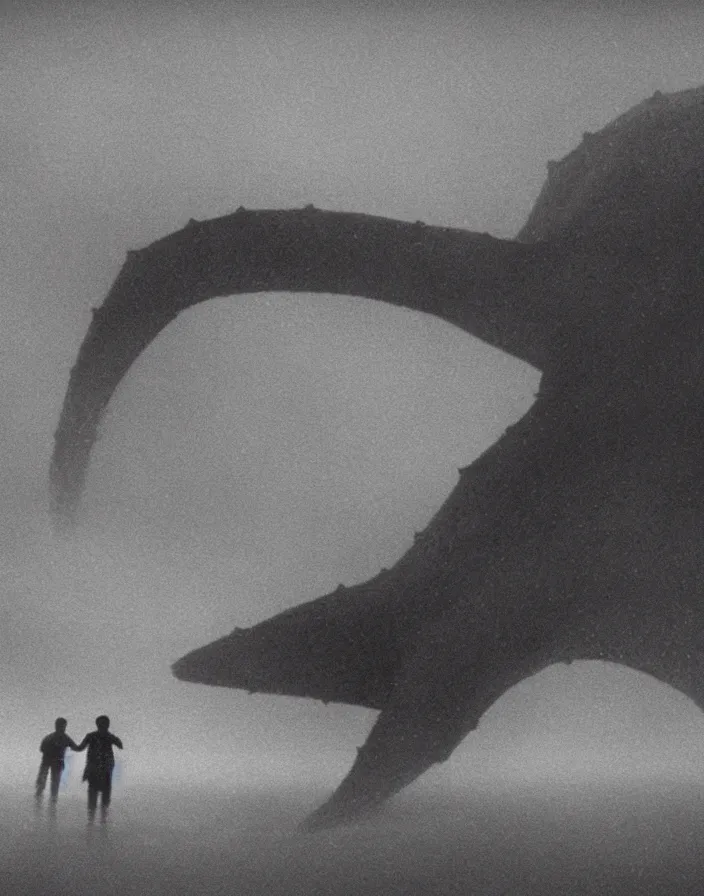 Image similar to very low - resolution found footage of a kaiju starfish monster, fog, foggy, korean film noir, monochrome, red hue, thriller, underdeveloped, epic, dramatic