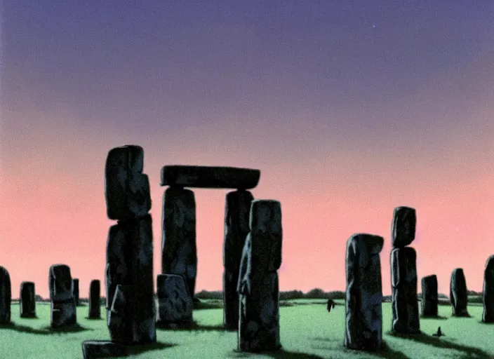 Image similar to a realistic cell - shaded studio ghibli concept art from paprika ( 2 0 0 6 ) of a magic ritual from close encounters of the third kind ( 1 9 7 7 ) and a grey creature meditating on top of a pillar in a flooded stonehenge on a misty starry night. very dull colors, hd, 4 k, hq