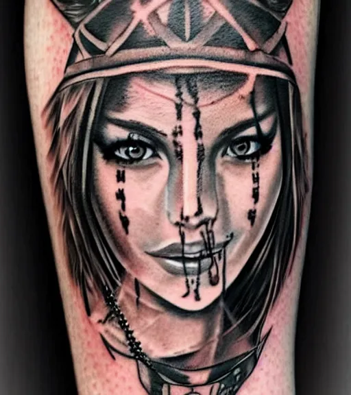 Prompt: tattoo design of a beautiful girl warrior under a tiger head, hyper realistic, realism tattoo, by eliot kohek, beautiful eyes, realistic face, black and white, white background