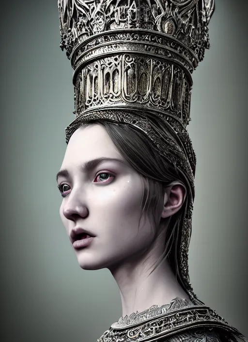 Prompt: hyperrealistic mixed media portrait of a beautiful female holy cleric, stunning 3d render inspired art by Mark Ryden + perfect facial symmetry + dim volumetric lighting, ornate silver gothic armor, swirling radiant energy, 8k octane beautifully detailed render, post-processing, extremely hyperdetailed, intricate, epic composition, grim yet sparkling atmosphere, cinematic lighting + masterpiece, trending on artstation, Art Nouveau
