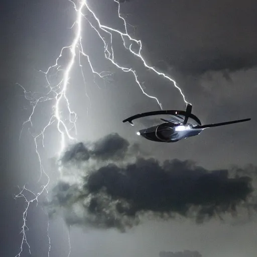 Image similar to futuristic flying car emerging from a circle of lightning in the sky, thunderstorm at night, 28mm dramatic photo