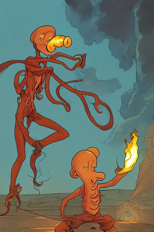 Prompt: squidward firebending outside at susnset, art by moebius, ultra detailed