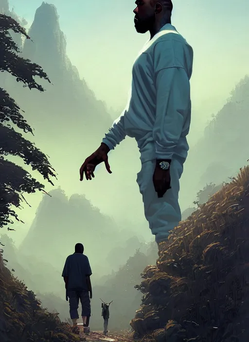 Prompt: highly detailed portrait kanye west walking towards the camera gta v stephen bliss unreal engine fantasy art by greg rutkowski loish rhads ferdinand knab makoto shinkai lois van baarle ilya kuvshinov rossdraws tom bagshaw global illumination radiant light detailed intricate environment