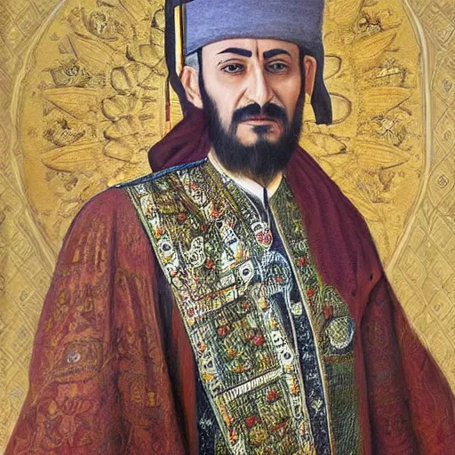 Image similar to king of Kurdistan, Mahmud Barzanji, royal portrait, award winning oil painting, incredibly detailed, insanely beautiful, symmetrical face, realistic