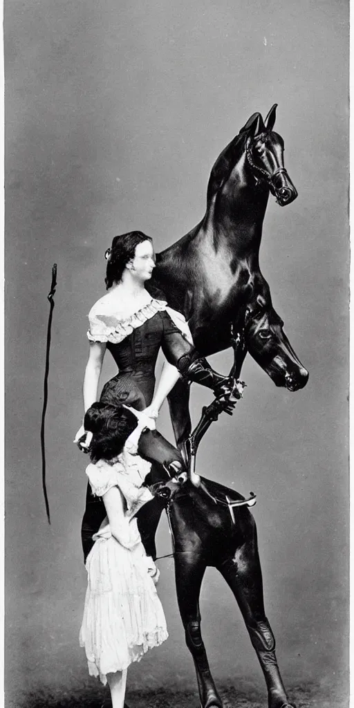 Image similar to t rex and a horse wearing high heels, strange, black and white, photograph, 1850s