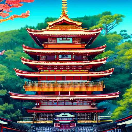 Prompt: colourful japanese temple on a mountain, birds eye view, rule of thirds golden ratio, fake detail, trending pixiv fanbox, acrylic palette knife, in the style of android jones, 1 6 k, ultra detailed, ultra intricate, artstation -