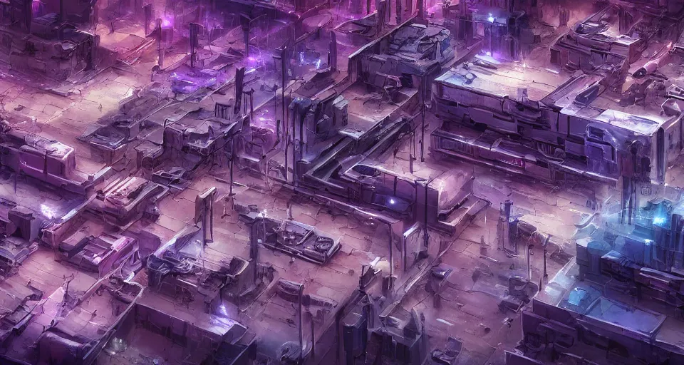 Image similar to Sci-fi landscape of an alley in a desert city, view from the top, purple color-theme, cinematic, science-fiction art wallpaper, stunning digital art