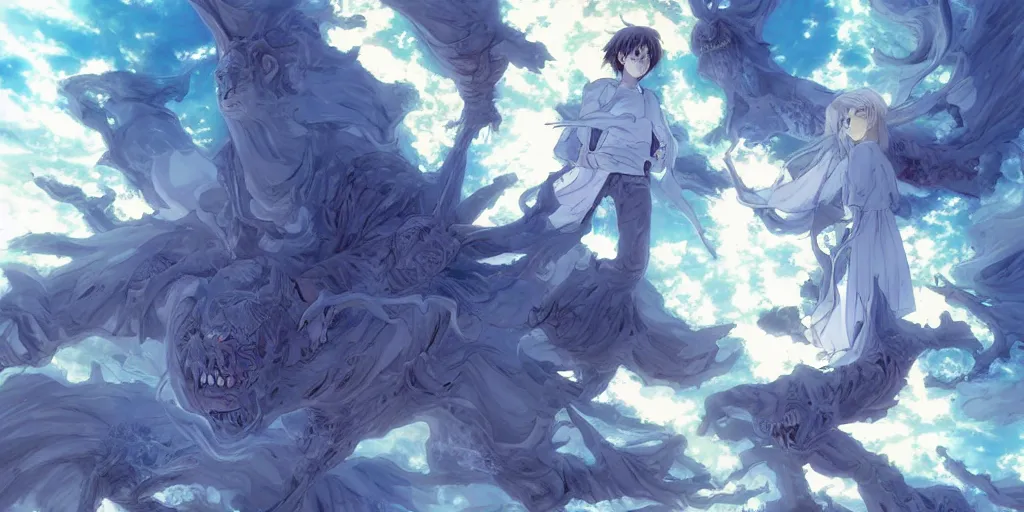 Image similar to hell demons inside heaven, art by makoto shinkai and alan bean, yukito kishiro