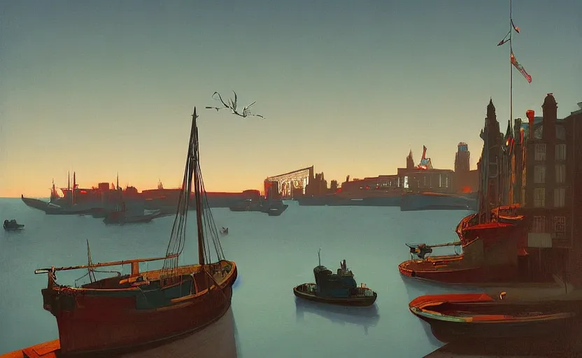 Image similar to Old victorian harbour at dusk, very coherent, painted by Edward Hopper, Wayne Barlowe, painted by James Gilleard, airbrush, art by JamesJean