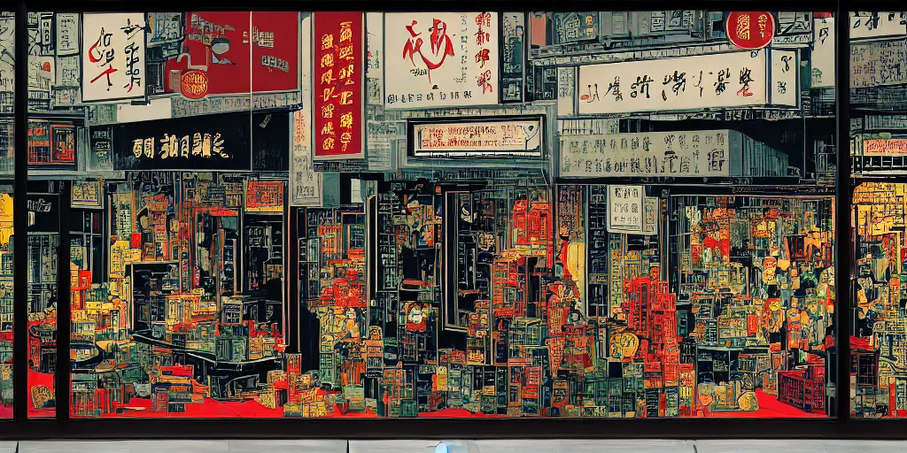 Image similar to a shop window in hong kong, by dan mumford and peter doig and edward hopper, minimal, black in, thick black lines highly detailed, muted colours, overlaid with chinese adverts, 8 k