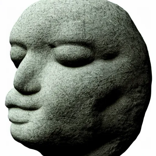 Image similar to by brothers grimm vaporwave. a art installation of a large granite boulder carved to resemble a human face. the nose is slightly upturned, & the eyes & mouth are closed.