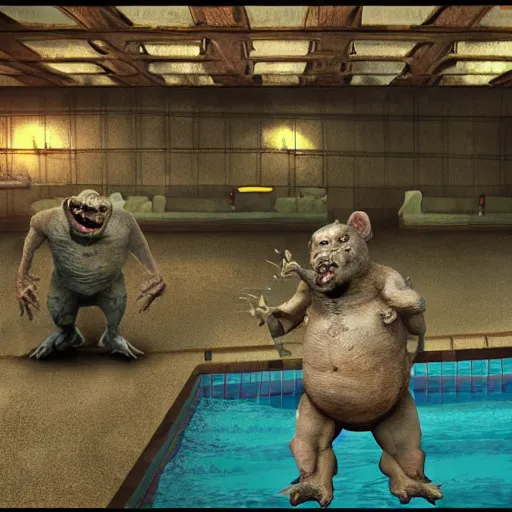 Image similar to photo, two ugly old men fight rat monsters 5 3 8 2 8 inside a swimming pool, highly detailed, scary, volumetric lighting