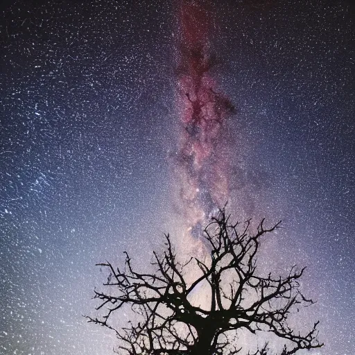 Image similar to a small planet that is covered in large trees and in front of many stars shining in the dark night sky