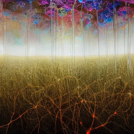 Prompt: a beautiful painting of a mycelium like neural networks under plowed land, magic but natural vibes, trending on artstation