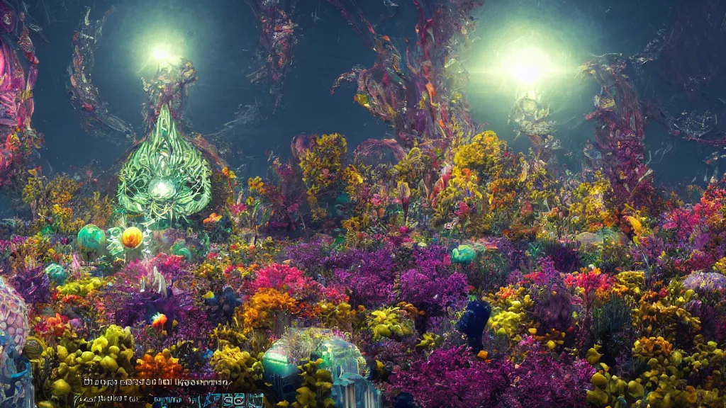 Prompt: a centered render of intricate modular synthesizer of dargon, shining its light across a tumultuous sea of flowers, undersea animals and one gothic crystal temple by dorothea tanning and salvador dali, trending on artstation, cyber punk, soft color, unreal engine, high detailed, 8 k