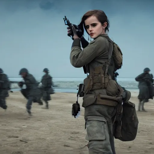 Image similar to footage of emma watson in d - day, unreal engine 5 highly rendered, radiant light, detailed and intricate environment, wide angle, cinematic lighting