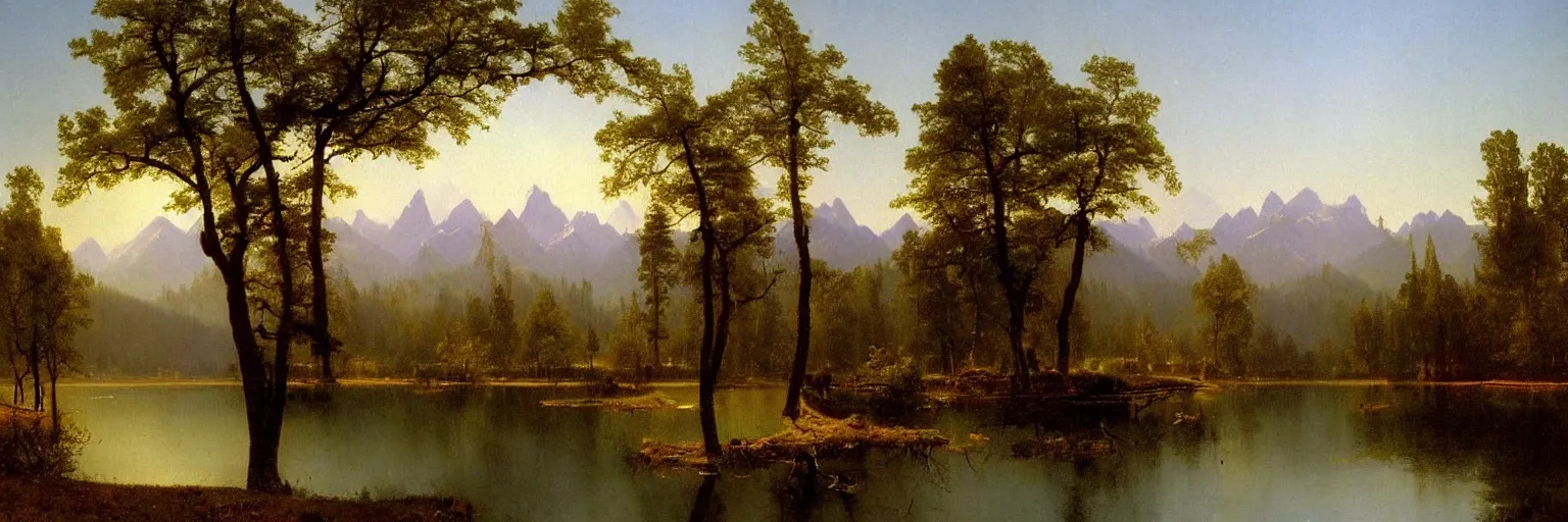 Image similar to beautiful albert bierstadt landscape painting of beautiful mountains and lakes with a mcdonald ’ s fast food restaurant in the scene