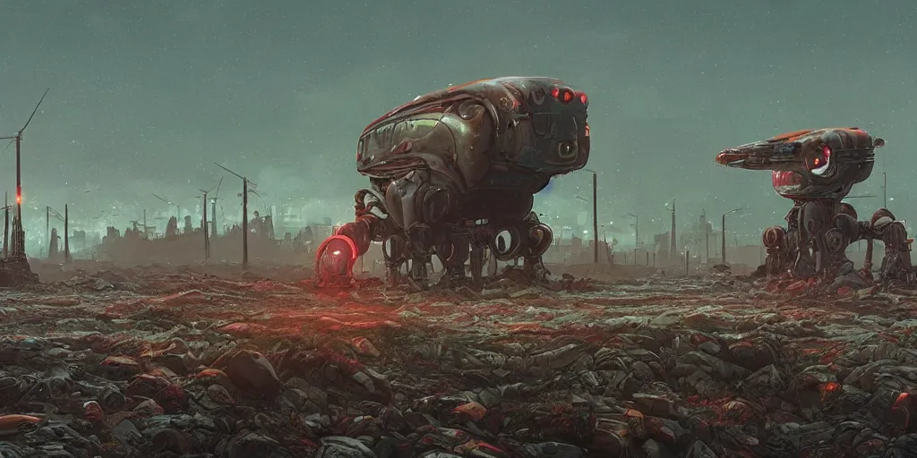 Prompt: a landscape by simon stalenhag of a very large realistic highly detailed imposing robotic mechanical cat, stranded alone and roaming in the chaos across a depressing abandoned post - apocalyptic landscape, post - apocalyptic corrupted themes, artstation trending, beautiful art landscape, detailed simon stalenhag landscape