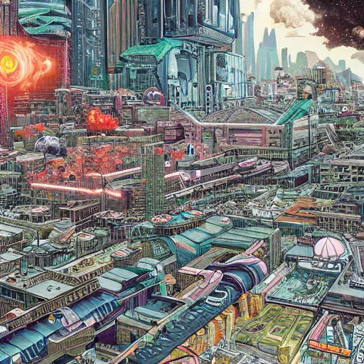 Image similar to highly detailed illustration of a sci fi city, juxtapoz magazine