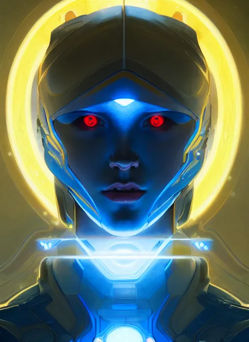 Image similar to symmetry portrait, sci - fi, tech wear, blue and yellow glowing lights, intricate, elegant, highly detailed, digital painting, artstation, concept art, smooth, sharp focus, illustration, art by artgerm and greg rutkowski and alphonse mucha