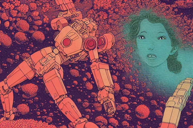 Image similar to risograph grainy drawing vintage sci - fi, satoshi kon color palette, gigantic gundam full - body covered in dead coral reef, 1 9 8 0, kodachrome, natural colors, comicbook spreadsheet, codex seraphinianus painting by moebius and satoshi kon and dirk dzimirsky close - up portrait