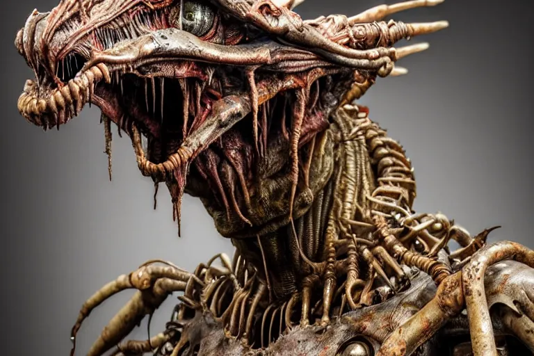 Image similar to photo taken of an epic intricate, ultra detailed, super realistic gritty, hero prop, exquisitely weathered animatronic movie prop of a lifelike sculpture of a nightmarish hellish alien creature displayed in the workshop, created by weta workshop, full body shot, photorealistic, sharp focus