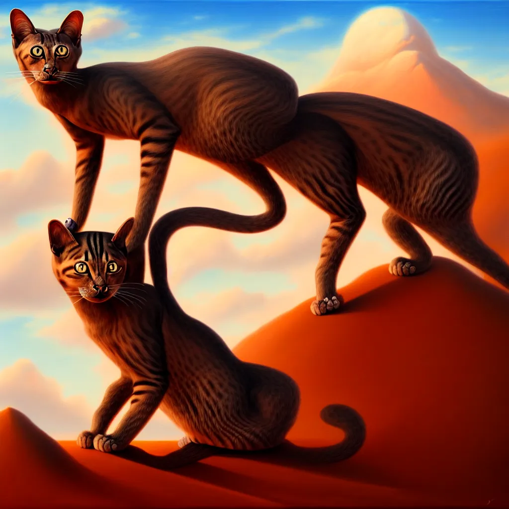 Image similar to anthromorphic cat, desert, oil on canvas, artstation, a detailed matte painting, fantasy