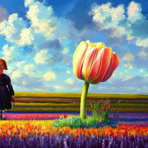 Image similar to dutch girl with singular giant tulip as a head, surreal photography, flower field, sunset dramatic light, impressionist painting, colorful clouds, blue sky, digital painting, artstation, simon stalenhag