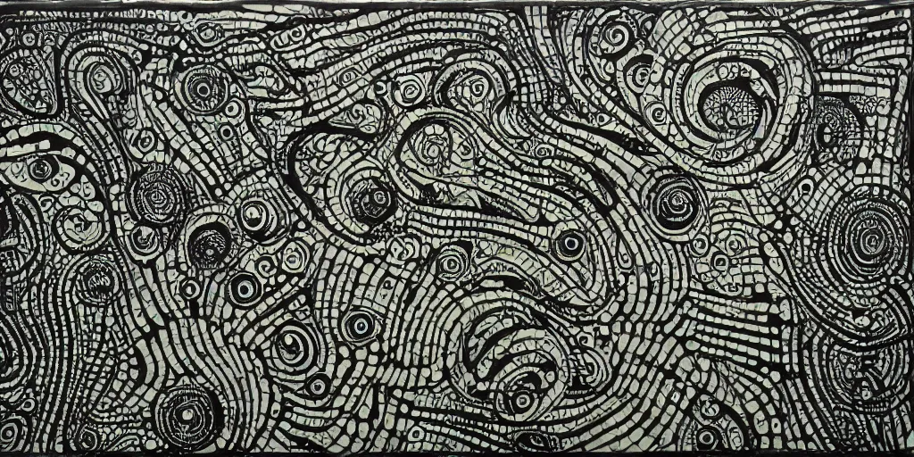 Image similar to camo of lines, technical, acrylic, teeth, eerie, tribal, clay, dots, lines, stipple, points, grid, cybernetic, old painting, swirly eyes, hypnosis