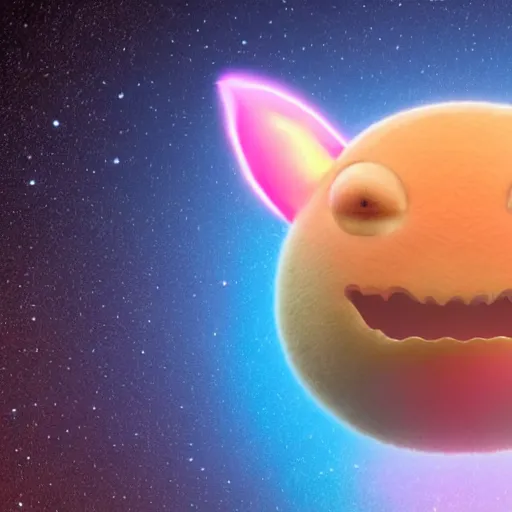 Image similar to an alien with a face that looks like a fuzzy peach the peach is fuzzy pink warm and ripe the alien has horns and a mean smile, 4k, highly detailed, high quality, amazing, high particle effects, glowing, majestic, soft lighting