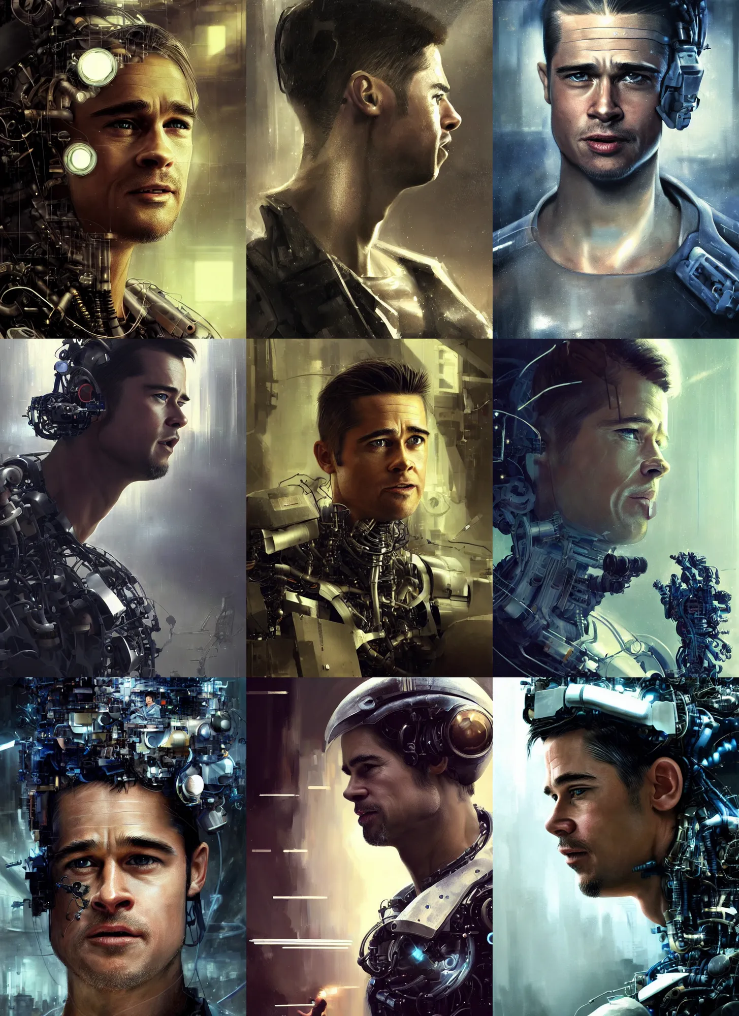 Prompt: a young engineer that looks like brad pitt and colin farrell with cybernetic enhancements working assembling a satellite, smooth skin, scifi character portrait by greg rutkowski, esuthio, craig mullins, 1 / 4 headshot, cinematic lighting, dystopian scifi gear, gloomy, profile picture, mechanical, half robot, implants, steampunk