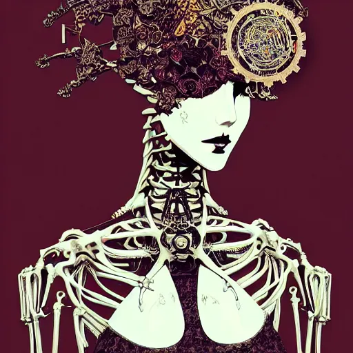 Prompt: surreal manga anime photo portrait of complex bio-mechanical beautiful young female skeletal cyborg with a Mandelbrot fractal steampunk metal fine lace face, retrofuturistic depressing, floral foliage super big lace collar, rococo, steampunk, 8k