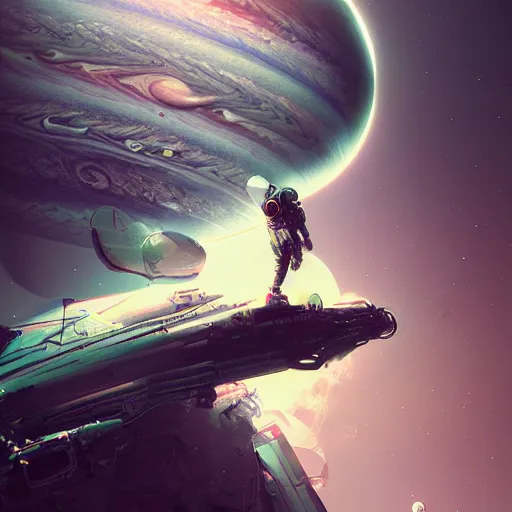 Image similar to futuristic astronaut falling through jovian clouds in jupiter, psychedelic cyberpunk art by cedric peyravernay, highly detailed, excellent composition, cinematic concept art, dramatic lighting, trending on artstation